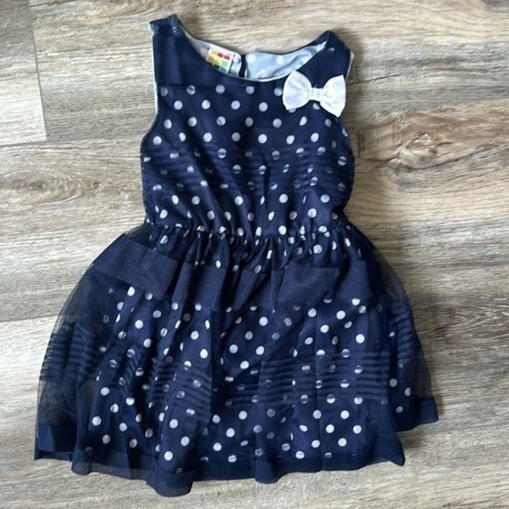 HealthTex dress size 3T navy blue white polkadot white bow